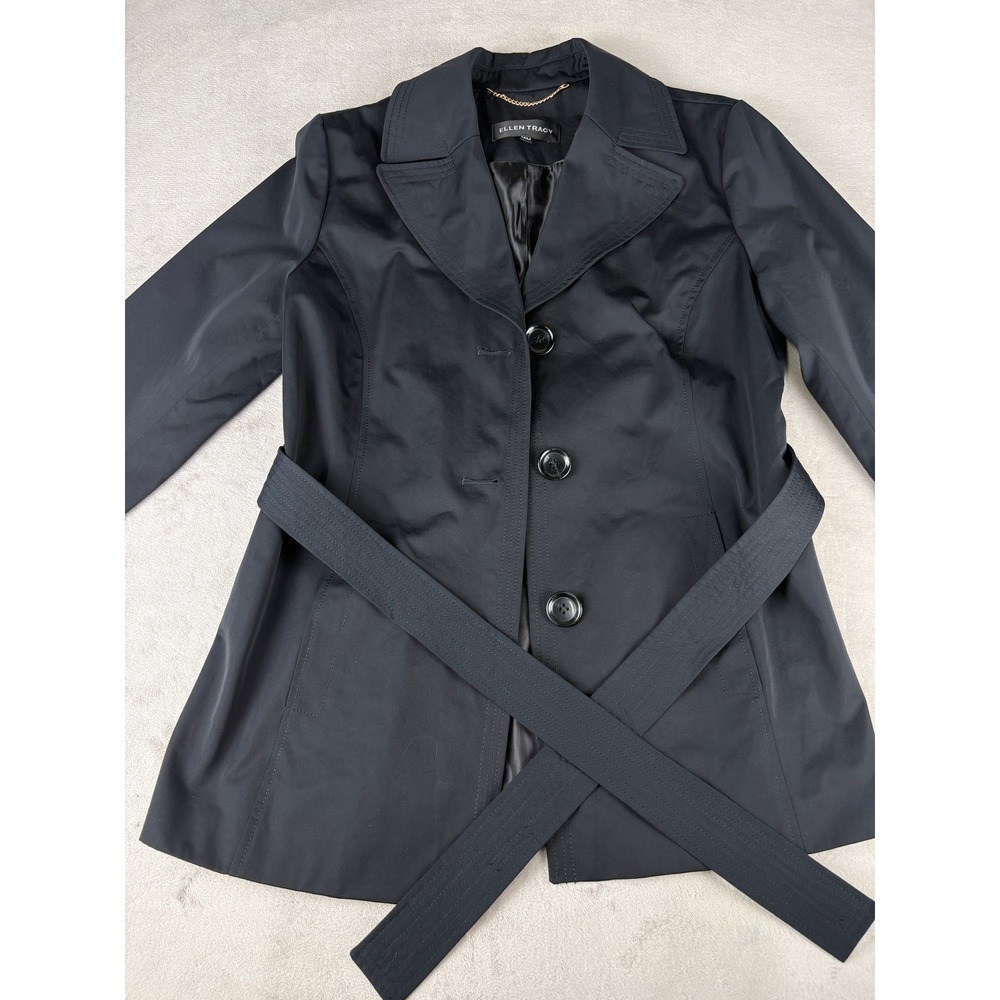 Ellen Tracy Womens Black Belted Trench Jacket Coat Size Medium 88SNO1068